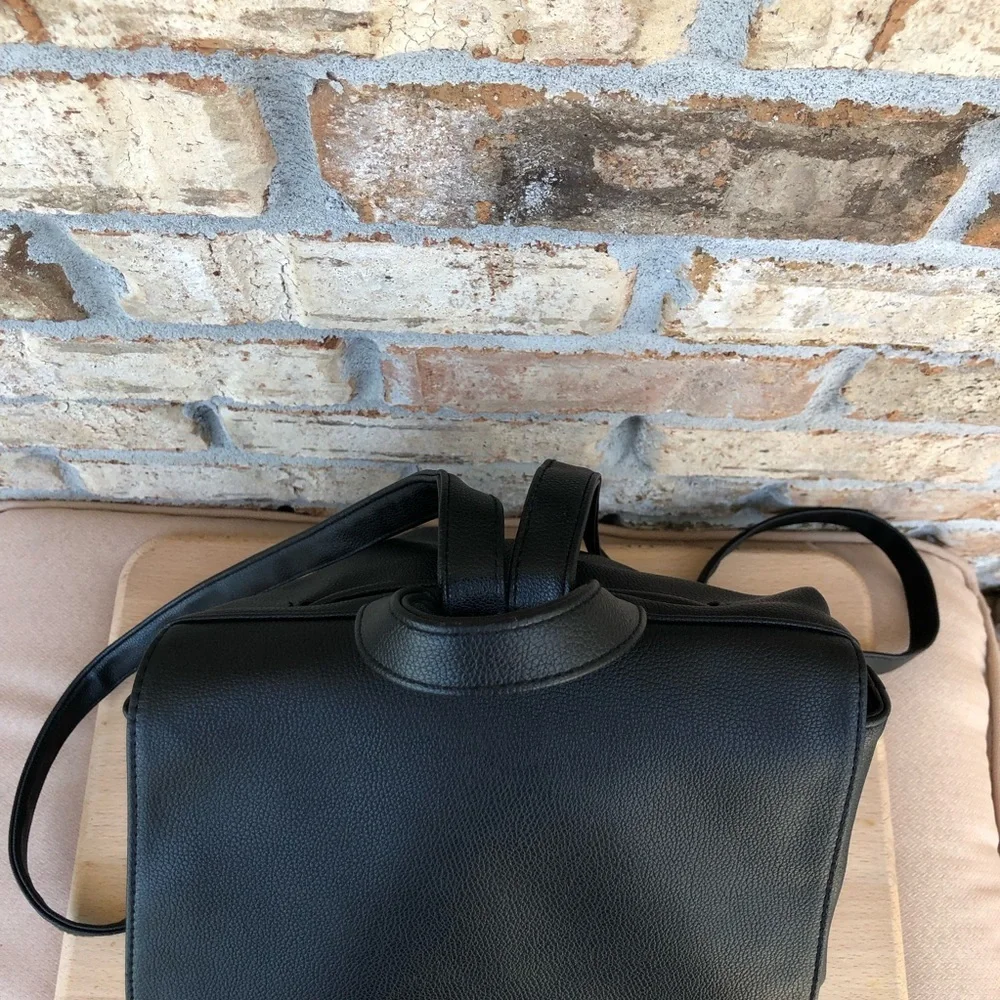 Victoria’s Secret Faux Leather Drawstring Magnet Black Backpack 15”W 12”H 6”D